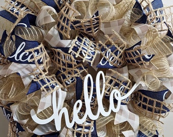 Hello wreath for front door, farmhouse wreath, decomesh wreath, navy and burlap wreath, front door wreath, entryway wreath, everyday wreath