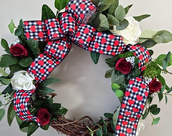 Valentines wreath for front door, valentines grapevine wreath, buffalo check grapevine wreath, valentines decor, valentines door decor