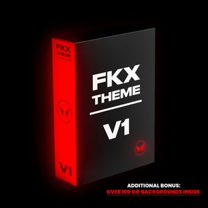 May include: A black box with the text "FKX THEME V1" in white. The box has a red side with a stylized logo and the text "V1". The text "ADDITIONAL BONUS: OVER 100 GIF BACKGROUNDS INSIDE" is printed on the bottom of the box.