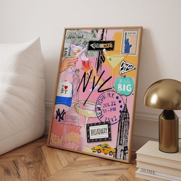 NYC Collage City Art Print: Colorful New York City Wall Decor (Digital Download)