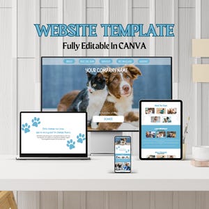 May include: A website template design displayed on a desktop monitor, laptop, tablet, and smartphone. The website features a photo of a cat and dog. The text on the screen reads "WEBSITE TEMPLATE" and "Fully Editable In CANVA".