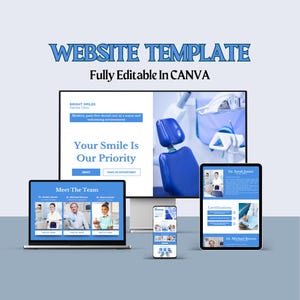Puede incluir: Un diseño de plantilla de sitio web para una clínica dental, que se muestra en una computadora de escritorio, una computadora portátil, una tableta y un teléfono inteligente. El diseño presenta un esquema de color azul y blanco con el texto "WEBSITE TEMPLATE" y "Fully Editable In CANVA".