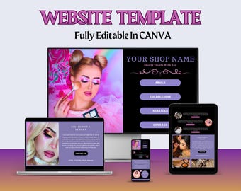 Beauty Shop Canva Website Template, One Page Layout, Makeup Product Display – Purple Black, Editable Branding Landing Page, Small Business