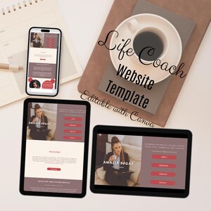 May include: A website template for life coaches, featuring a woman sitting on a couch with a cup of coffee. The template is editable with Canva and includes sections for about, programs, services, and contact.