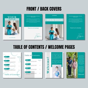 May include: A layout of book pages with teal and white designs. The pages include the text "YOUR TITLE", "Thank You For Reading!", and "Table of Contents". Images of people are also included.