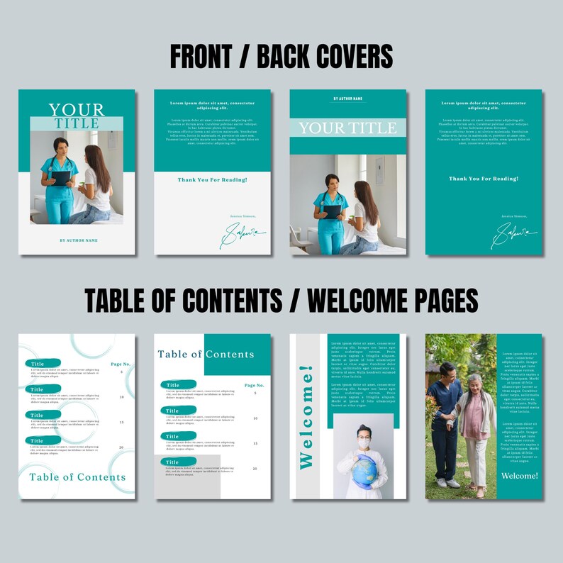 May include: A layout of book pages with teal and white designs. The pages include the text "YOUR TITLE", "Thank You For Reading!", and "Table of Contents". Images of people are also included.