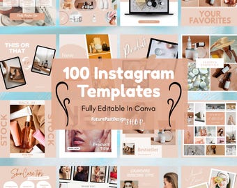 100 Square Instagram Templates for Skincare Brands | Rose Nude Canva Editable Posts – Beauty Promo, Reviews, Tips & Marketing | Social Media