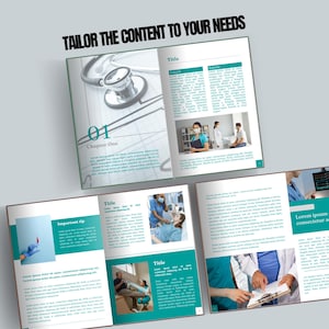 May include: A brochure with a medical theme, featuring a stethoscope, medical professionals, and the text "TAILOR THE CONTENT TO YOUR NEEDS." The brochure has a teal and white color scheme, with the text "Chapter One" visible.