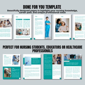 May include: A template with pages designed for nursing professionals. The pages have a white background with teal accents and include images of healthcare workers and patients. Text includes "DONE FOR YOU TEMPLATE" and "PERFECT FOR NURSING STUDENTS, EDUCATORS OR HEALTHCARE PROFESSIONALS."