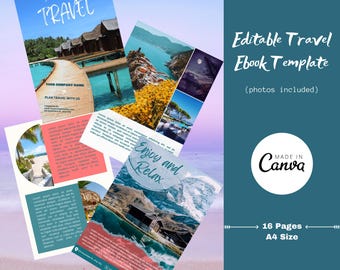 May include: A 16-page travel ebook template with photos included. The cover features a tropical beach scene with the text "It's Time To Travel" and "Your Company Name Plan Travel With Us". The inside pages feature photos of various destinations and the text "Enjoy and Relax". The template is made in Canva and is A4 size.