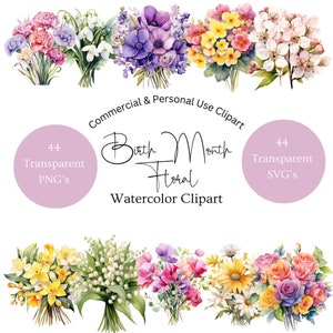 Birth Month Flowers Clipart | Birth Flower Clipart | Month Flower Clipart | Bright Flowers clipart | Watercolor Floral Clipart