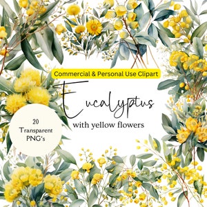 Gele bloemen en eucalyptus aquarel clipart | Aquarel Eucalyptus met gele bloemen Clipart | Gele bloem clipart | Eucalyptus