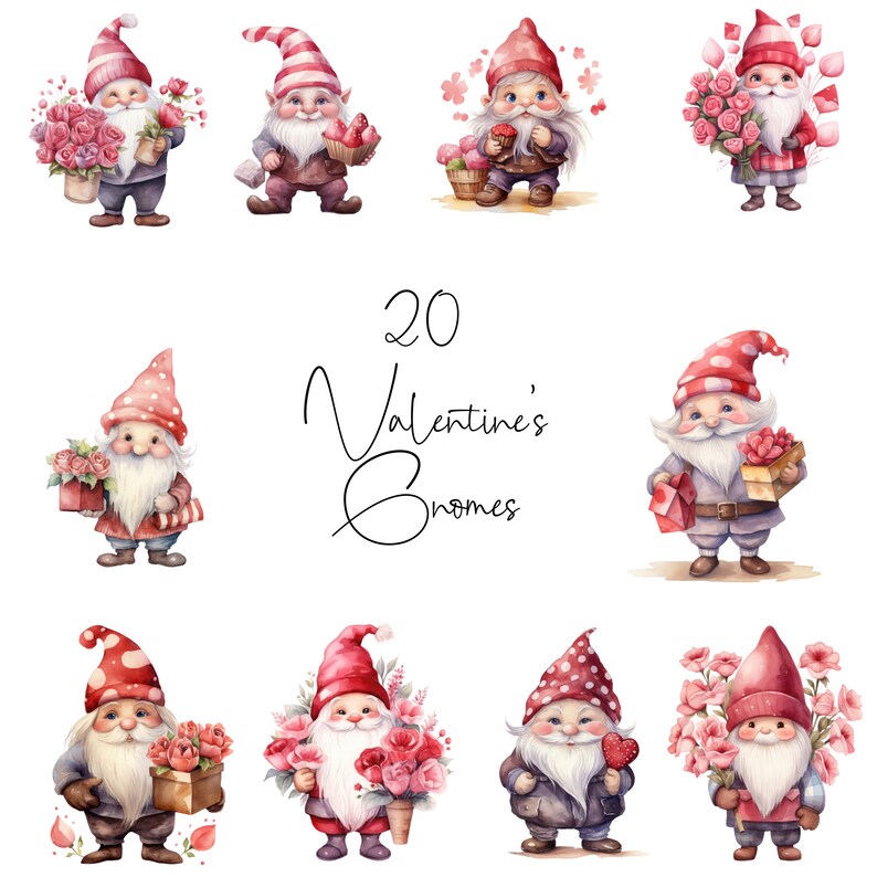 Valentines Gnomes Watercolor Clipart | Valentine Gnome Clipart ...