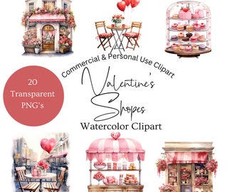 May include: A set of five watercolor illustrations of Valentine's Day shops. The illustrations include a flower shop, a bakery, a cafe, a pastry shop, and a candy shop. Each shop has a pink awning and is decorated with hearts and flowers. The illustrations are perfect for creating Valentine's Day cards, invitations, or other crafts.