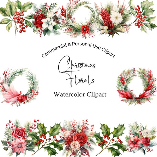 Watercolor Christmas Floral Clipart | Christmas Clipart | Christmas Digital Stickers | Christmas Watercolor Clipart | Watercolor Christmas