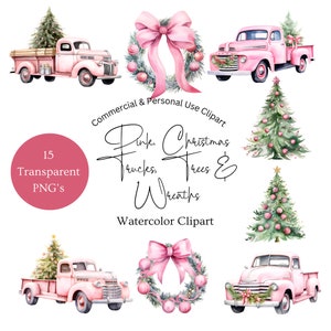 Watercolor Pink Christmas Truck Clipart | Pink Christmas Truck Clipart | Pink Christmas Tree | Pink Christmas Wreath Clipart | Vintage Truck
