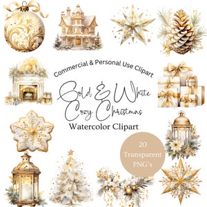 Clipart di Natale in acquerello accogliente in bianco e oro / Clipart di Natale in acquerello / Clipart in bianco e oro / Natale in bianco e oro