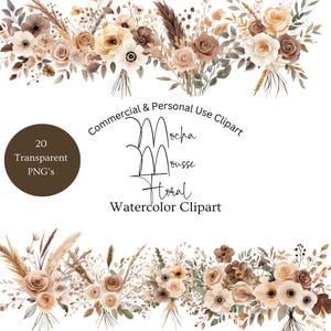 Mocha Mousse Flowers Clipart | Watercolor Flowers PNG | Digital Floral Stickers | Brown Floral Clipart | Neutral Florals
