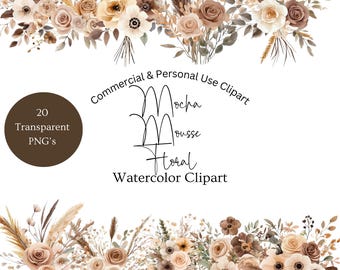 May include: A set of 20 watercolor clipart images featuring bouquets of beige and brown flowers with dried grasses. The text "Mocha Mousse Floral Watercolor Clipart" is displayed below the bouquets. The text "Commercial & Personal Use Clipart" is displayed above the bouquets.