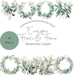 Eucalyptus Watercolor Florals and Frames Clipart | Eucalyptus Wedding Floral Clipart | Watercolor Eucalyptus Digital Stickers