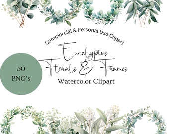 Eucalyptus Watercolor Florals and Frames Clipart | Eucalyptus Wedding Floral Clipart | Watercolor Eucalyptus Digital Stickers
