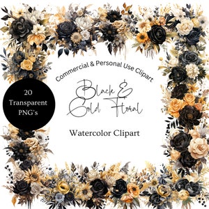 Black And Gold Watercolor Flower Clipart | Black And Gold Watercolor Flowers Clipart PNG | Black And Gold Clipart | Black Floral Clipart
