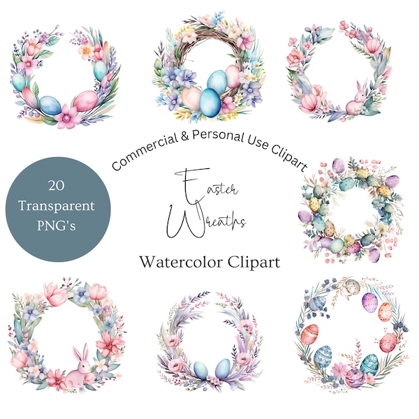 Watercolor Easter Wreath Clipart Png | Easter Wreath Png | Bunnies With Flower Wreaths Clipart | Easter Floral Clipart | Clipart Wreaths