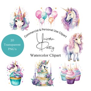 Clipart de unicornio y cupcakes / Clipart de cumpleaños pastel / Clipart de globos de cumpleaños para niñas / Clipart de unicornio Kawaii / Clip de acuarela de unicornio