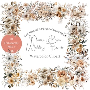 Neutral Boho Flowers Clipart | Wedding Flowers Clipart Transparent | Neutral Flowers Clipart | Neutral Boho Wedding Flowers Clipart