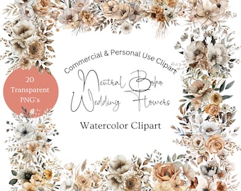 Op de afbeelding: Een set van 20 aquarel-clipart afbeeldingen van neutrale boho bruiloftsbloemen. De bloemen zijn in tinten beige, bruin en wit. De tekst "Commercial & Personal Use Clipart" en "Neutral Boho Wedding Flowers Watercolor Clipart" is opgenomen in de afbeelding.