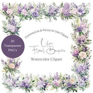 Lilac Flowers Clipart | Violet Flower Clipart | Clipart Neutral Flowers | Purple Flower Bouquet Clipart | Pastel Watercolor Flowers Clipart