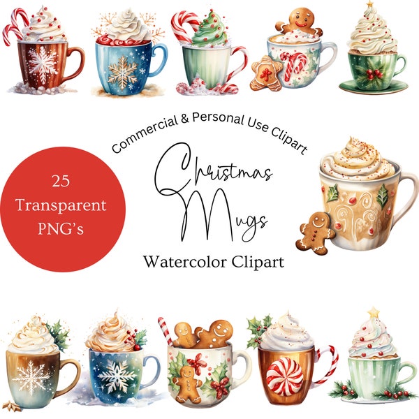 Watercolor Christmas Clipart | Christmas Mug Clipart | Holiday Mug Clipart | Christmas Digital Stickers | Holiday Digital Stickers