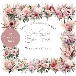 Florais em aquarela Boho rosa empoeirado | Grama dos pampas e rosas clipart | Clipart de flor rosa claro | Aquarela Floral Rosa PNG | Grama dos Pampas