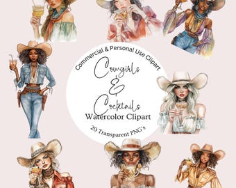 Cowgirls and Cocktails Clipart | Western PNG | Fun Cocktail Illustrations | Digital Downloads for Parties | Watercolor Cowgirl Bachelorette