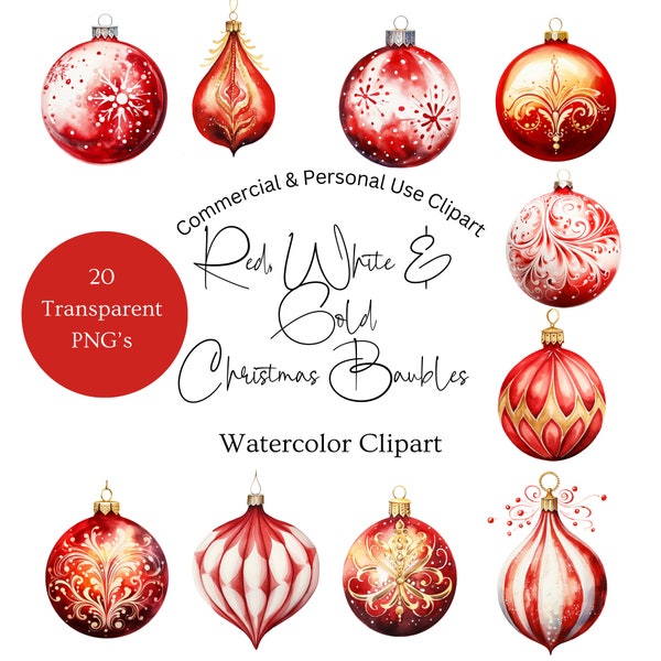 Watercolor Christmas Bauble Clipart | Red And Gold Ornament Clipart | Red And White Christmas Ornaments | Christmas Ornament Clipart