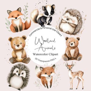 Woodland Animals Clipart Watercolor | Commercial Use | Transparent PNGs | Fox Bear Deer Hedgehog | Printable PNGs For Nursery | Baby Shower
