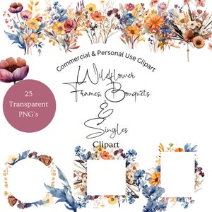 Wildflower Frames And Bouquets Clipart | Wildflower Bouquet Clipart | DIY Wildflower Clipart | Watercolor Fall Wildflowers