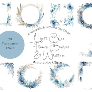 Boho Floral Frame Clipart | Watercolor Floral Frames Clipart | Light Blue Floral Frame Clipart | Dusty Blue Watercolor Floral Clipart