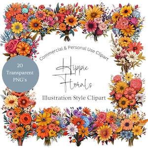 Hippie Flowers Clipart | Retro Flowers Clipart | Flower Power Clipart | Illustration Style Flowers | Hippie Flowers Png