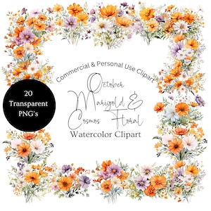 Watercolor Marigold Flower Clipart | October Flower Clipart | Birth Month Flower Clipart | Fall Floral Watercolor Clipart