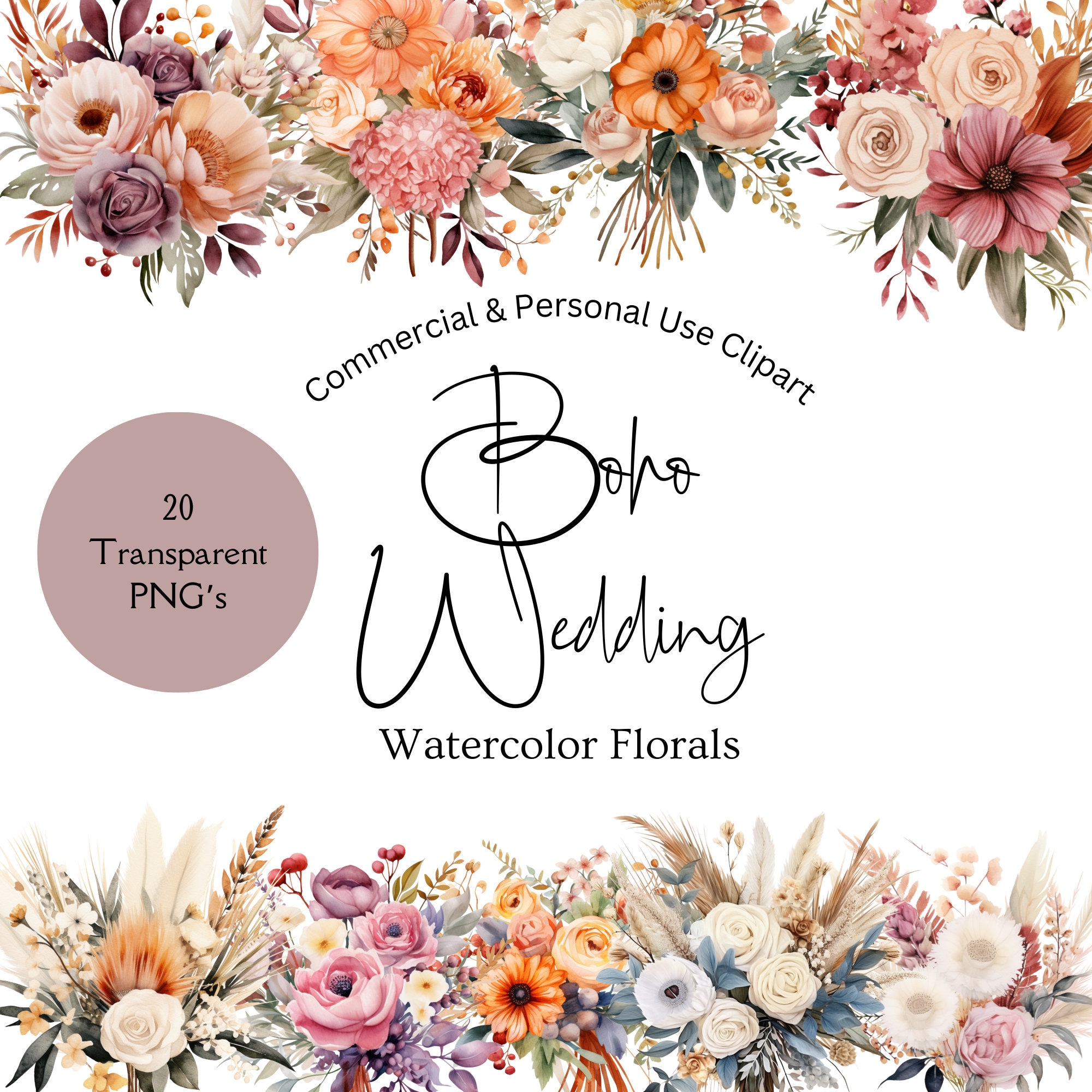 Watercolor Boho Wedding Floral Clipart | Boho Wedding Clipart ...