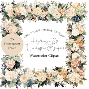 White Hydrangea Bouquet Watercolor Clipart | Clipart Hydrangea Eucalyptus | White Floral Clipart Hydrangea Eucalyptus | Hydrangea Clipart