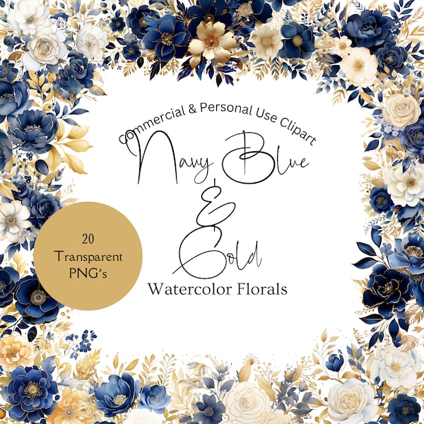 Navy Blue and Gold Watercolor Floral Clipart | Watercolor Blue and Gold Flower Clipart | Floral PNG | Blue and Gold Digital Stickers