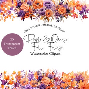Clipart de outono aquarela roxo e laranja | Clipart de folhagem de outono | Clipart de outono roxo e laranja | Clipart de flor de outono | Casamento no outono