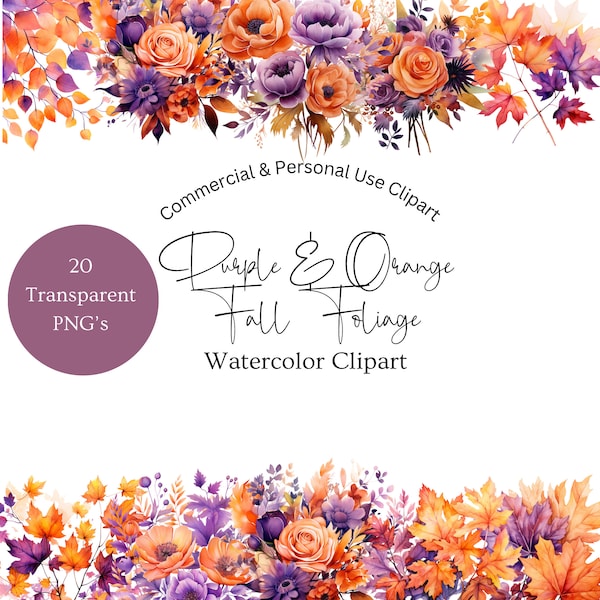 Watercolor Purple And Orange Fall Clipart | Fall Foliage Clipart | Purple And Orange Fall Clipart | Fall Flower Clipart | Fall Wedding