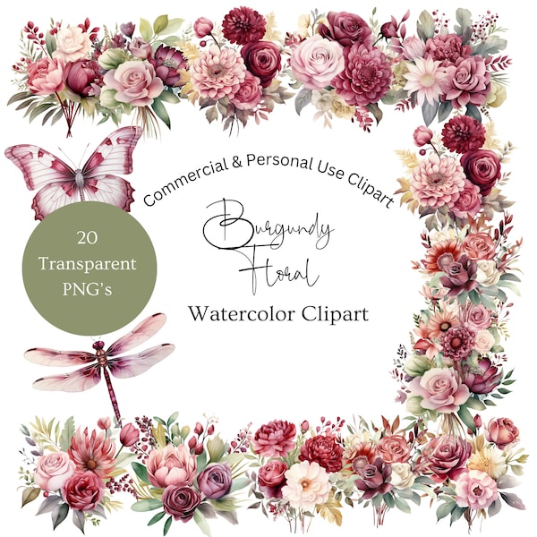 Burgundy Flowers Clipart | Watercolor Burgundy Florals | Bright Flowers Clipart | Watercolor Floral PNG | Watercolor Fall Flowers