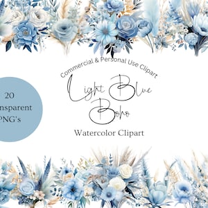 Light Blue Flower Clipart | Watercolor PNG | Digital Download | Wedding Clipart | Commercial Use | Floral Design | Baby Shower