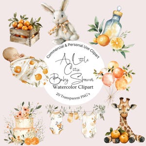 Little Cutie Baby Shower Clipart | Cute Orange PNG Graphics | Orange Watercolor Graphics | Digital Download for Baby Shower Invitations