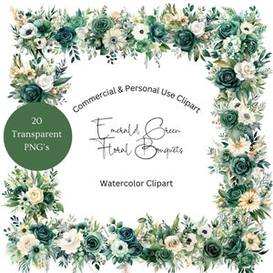 Grün Floral Clipart | Grün und Weiß Blumen Clipart | Smaragdgrün Blumen Clipart | Boho Blumen Clipart | Aquarell Blumen