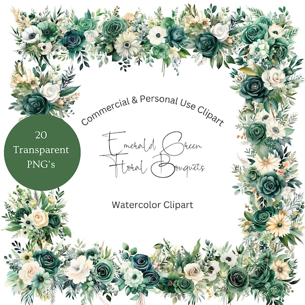 Emerald Flowers Clipart | Green And White Florals Clipart | Emerald Green Floral Clipart | Bohemian Flower Clipart | Watercolor Florals